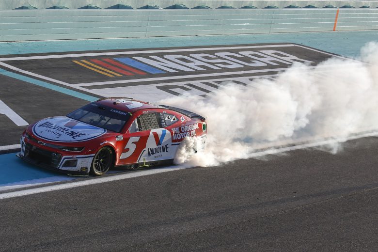 Kyle Larson does a burnout in his numbe 5 Chevrolet at Homestead-Miami Speedway.