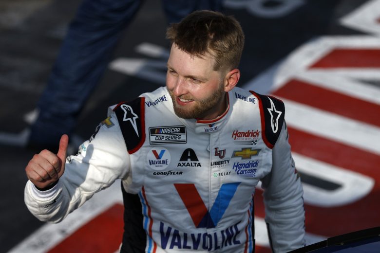 William Byron gives a thumbs up at the start/finish line after winning at Watkins Glen