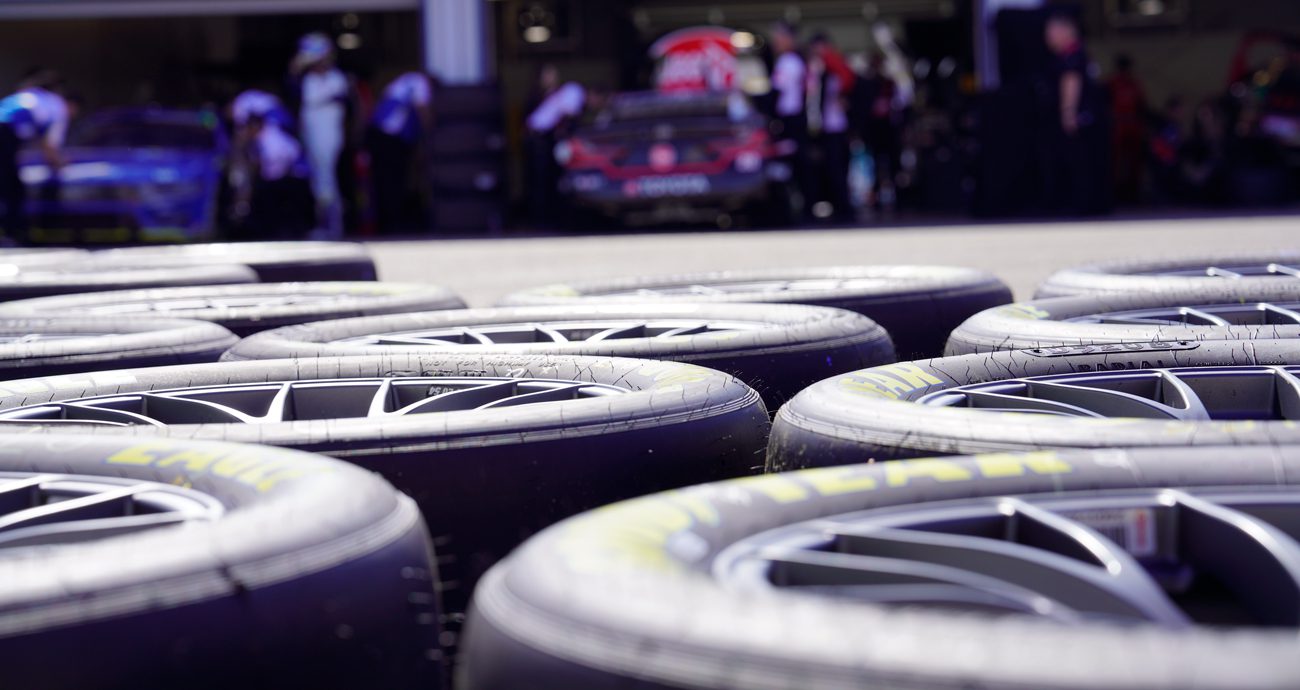 A close-up view of Goodyear tires in the Phoenix Raceway garage ahead of NASCAR Cup Series practice.