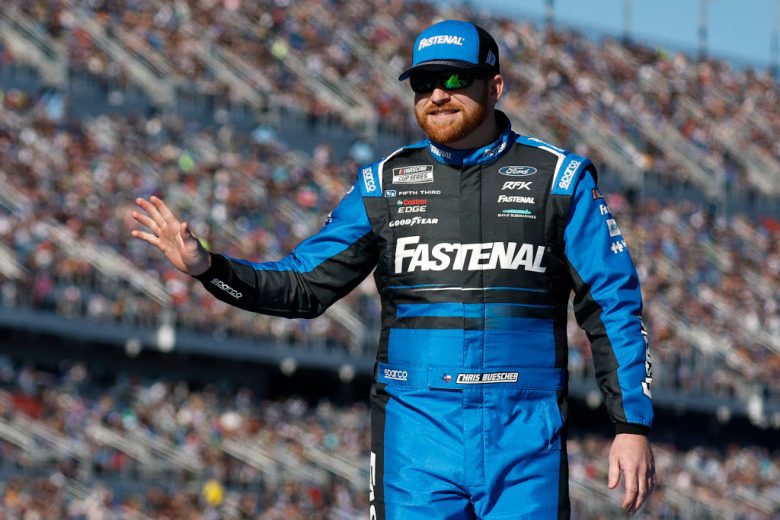 Chris Buescher waves to the crowd.