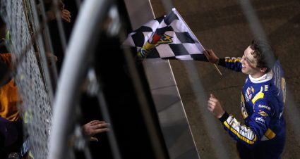 Christian Eckes captures the checkered flag after winning the NASCAR Craftsman Truck Series race at Bristol.