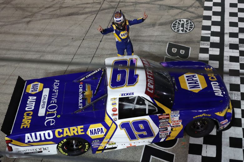 Christian Eckes celebrates after winning at Bristol.