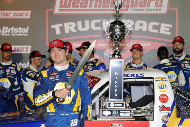 Christian Eckes celebrates in Victory Lane at Bristol.