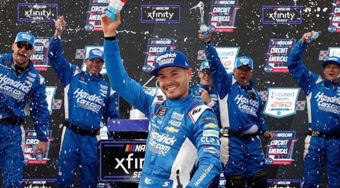 Featured Image for Kyle Larson rallies for Xfinity win at COTA, slipping by SVG, Hill on final lap