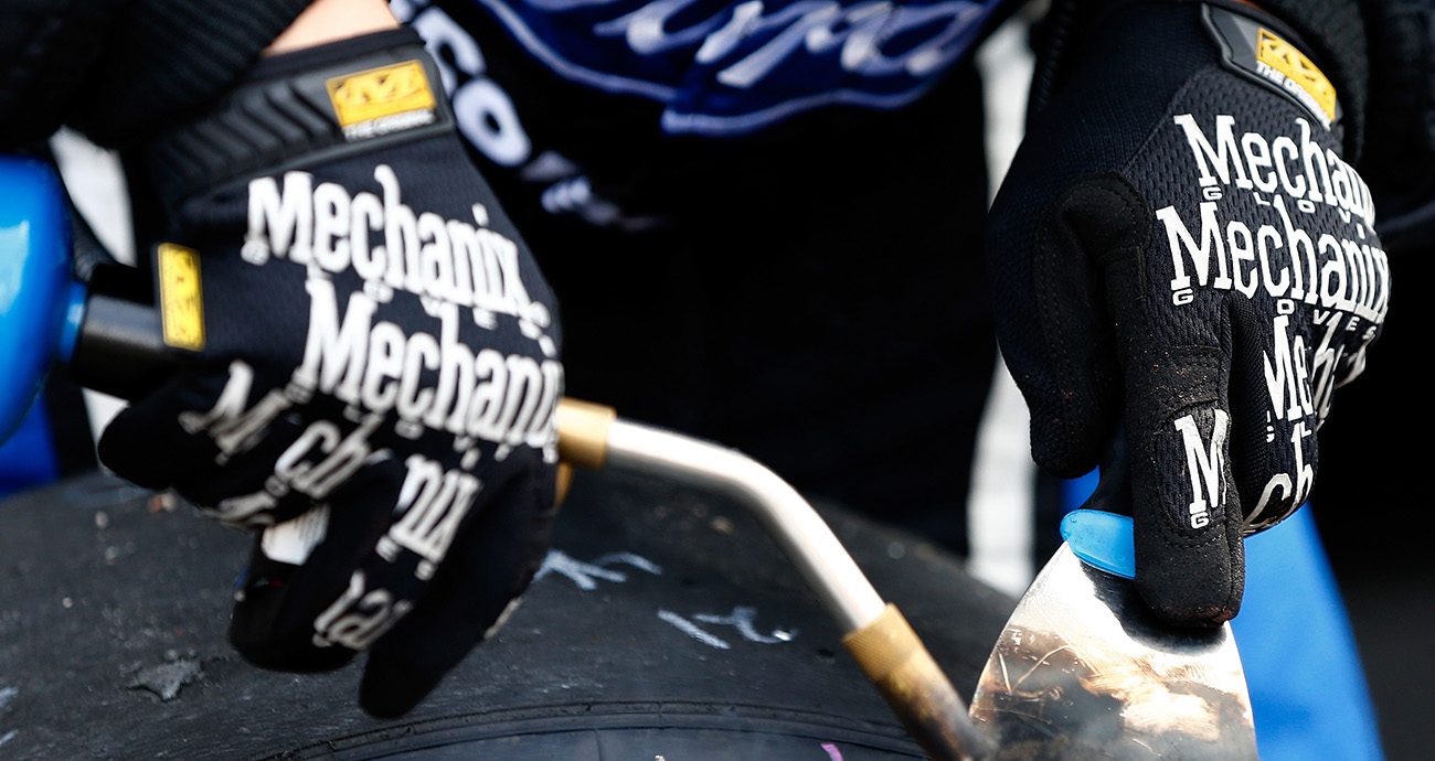 Close view of Mechanix Wear gloves.