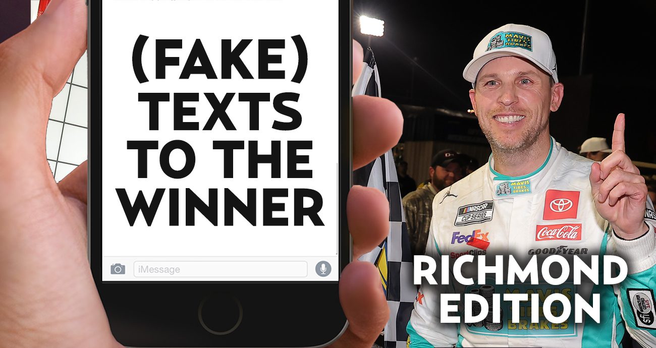 Fake texts graphic featuring Denny Hamlin after winning 2024 spring race at Richmond.