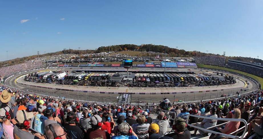 A general view of racing from the grandstands during the NASCAR Cup Series Xfinity 500 at Martinsville Speedway.