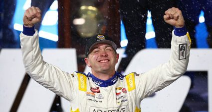Christian Eckes celebrates in Victory Lane at Martinsville Speedway.