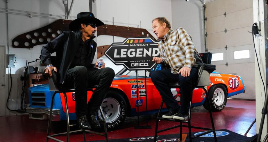 Richard Petty (left) chats with Rusty Wallace (right) during a video shoot.
