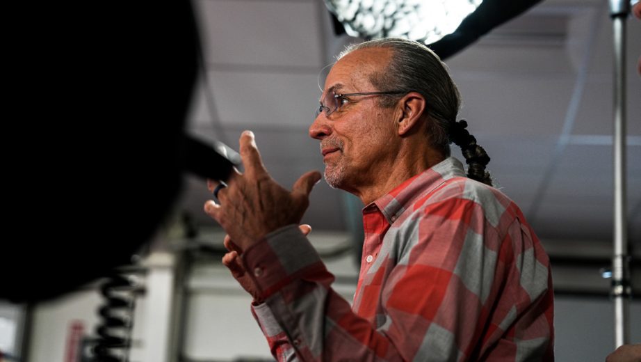 Kyle Petty asks a question during a video shoot.