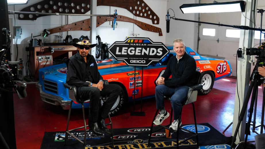 Richard Petty (left) and Jeff Burton (right) prepare for the cameras to roll.