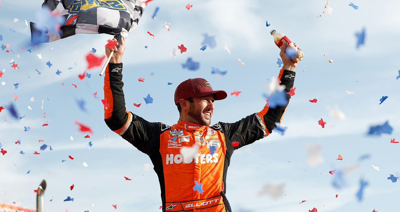 chase elliott celebrates at texas