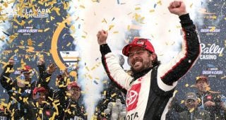 Ryan Truex celebrates in Victory Lane with confetti at Dover Motor Speedway