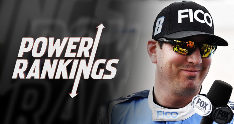 Kyle Busch flanked by NASCAR.com Power Rankings graphic.