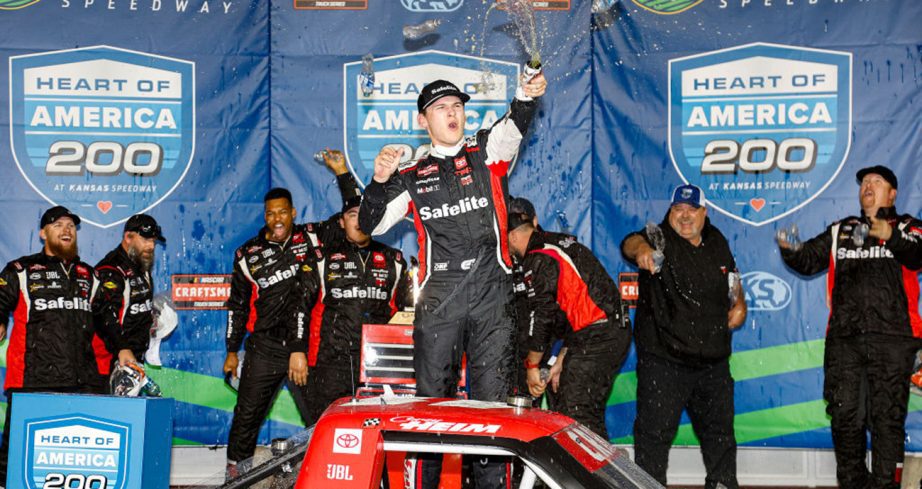 Corey Heim celebrates in Victory Lane.