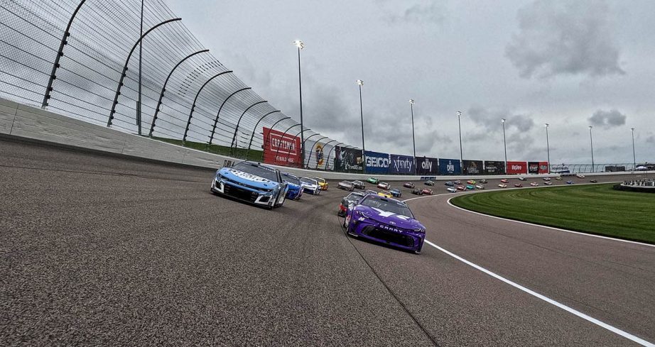 NASCAR Cup Series cars race at Kansas Speedway.