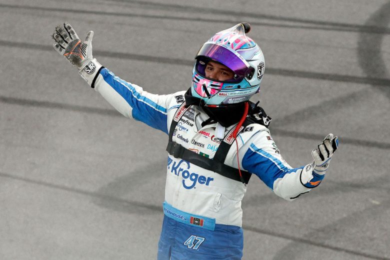 Ricky Stenhouse Jr. celebrates after winning at Talladega.