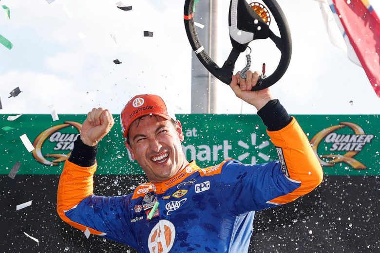 Joey Logano celebrates in Victory Lane at Atlanta.