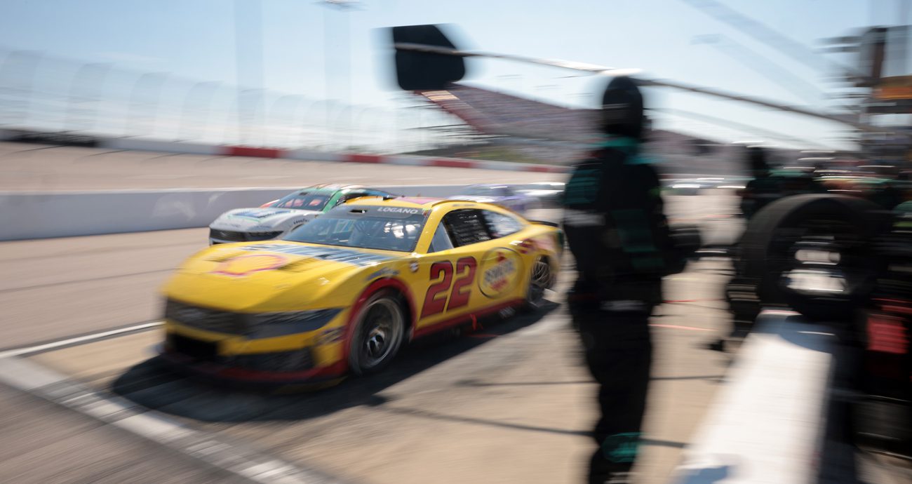 Joey Logano completes a pit stop during a NASCAR Cup Series race at Darlington.