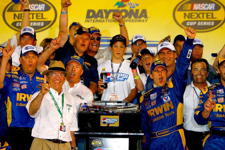 Jamie McMurray celebrates in Victory Lane at Daytona International Speedway.