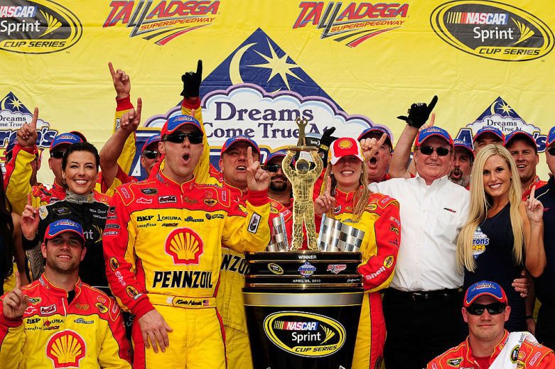 Kevin Harvick and his pit crew celebrate in Victory Lane following his NASCAR Cup Series victory at Talladega Superspeedway.