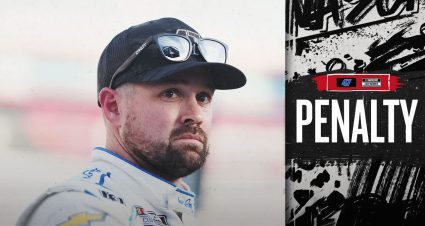 A graphic with a photo of Ricky Stenhouse Jr. and the word penalty on the right