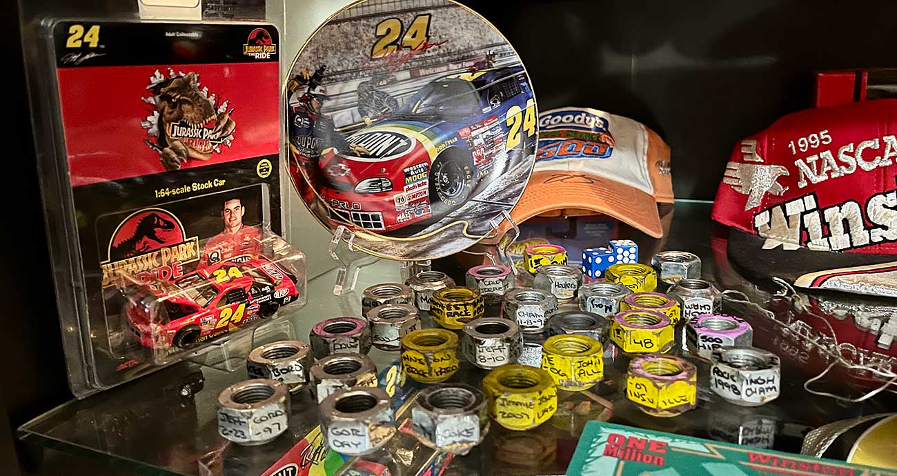 Lug nuts with markings among the memorabilia at Mike Trower's home