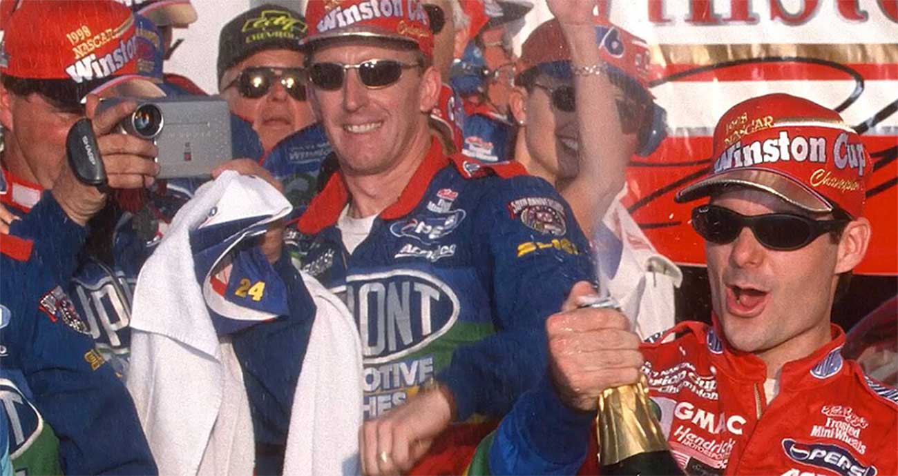 Mike Trower alongside Jeff Gordon in Victory Lane during the Rainbow Warriors heyday