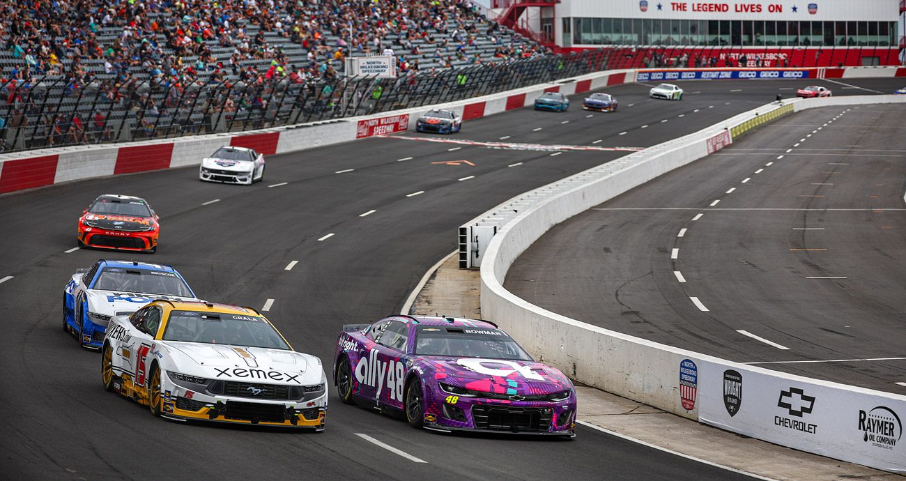 Kaz Grala races with Alex Bowman and Chase Briscoe during NASCAR All-Star practice at North Wilkesboro.