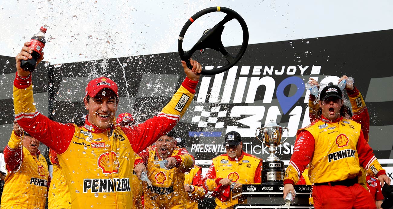 Joey Logano celebrates in Victory Lane at World Wide Technology Raceway at Gateway.