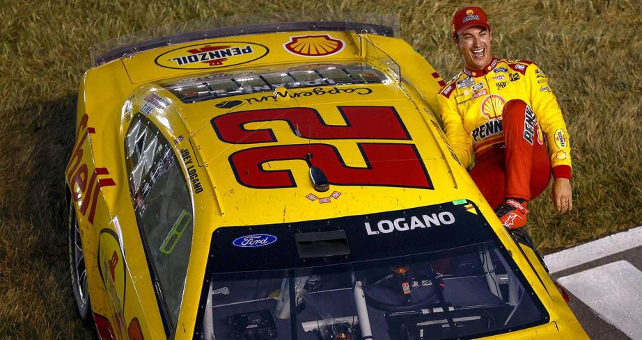 Joey Logano exits his No. 22 Ford victorious at Nashville Superspeedway