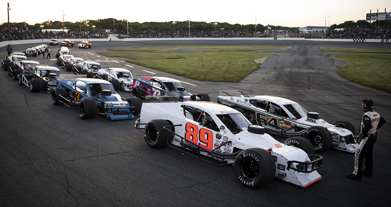 Whelen Modified Tour cars line up before a race.