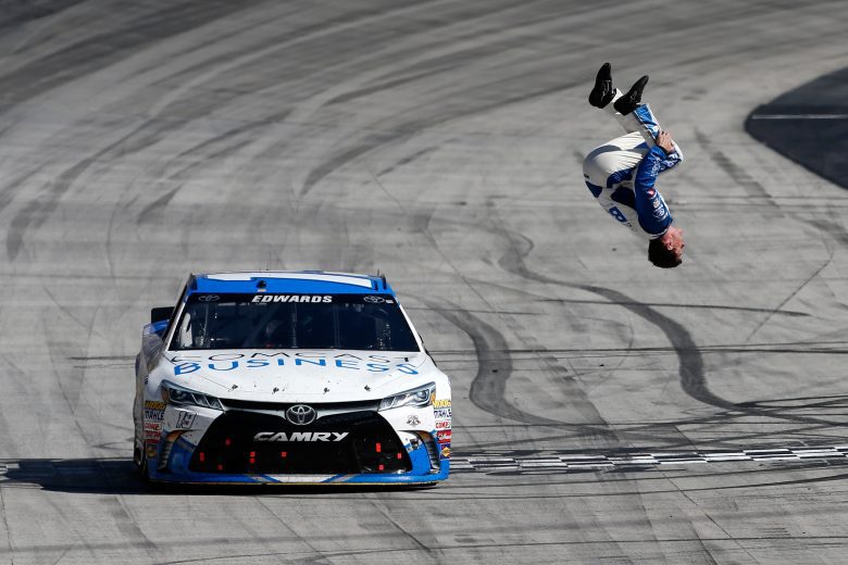 Carl Edwards backflips off a racecar after winning at Bristol.