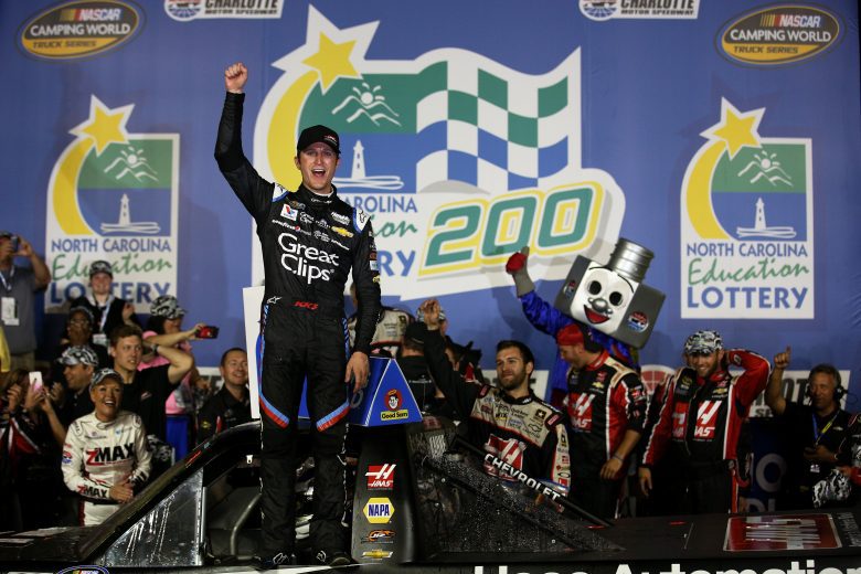 Kasey Kahne celebrates a win at Charlotte Motor Speedway.