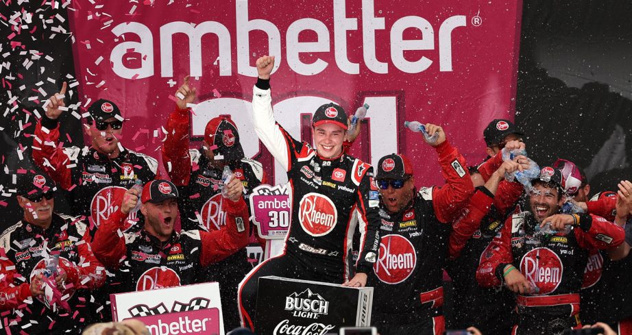 Christopher Bell celebrates a win at New Hampshire.