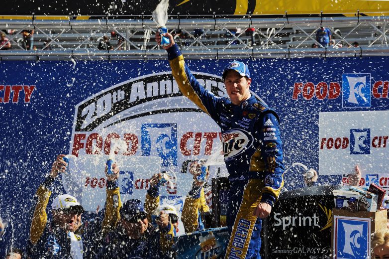 Brad Keselowski celebrates a win at Bristol Motor Speedway.