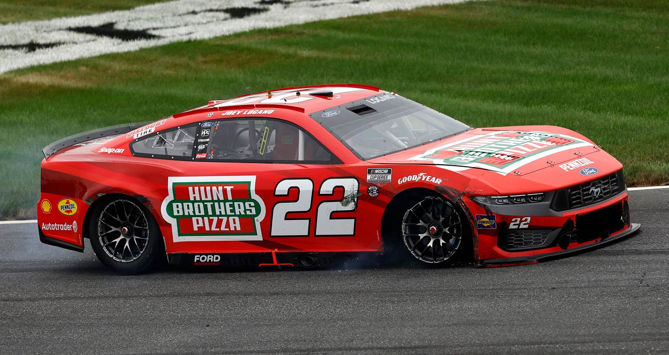 A general view of Joey Logano's No. 22 Ford after damaged suffered at New Hampshire Motor Speedway.
