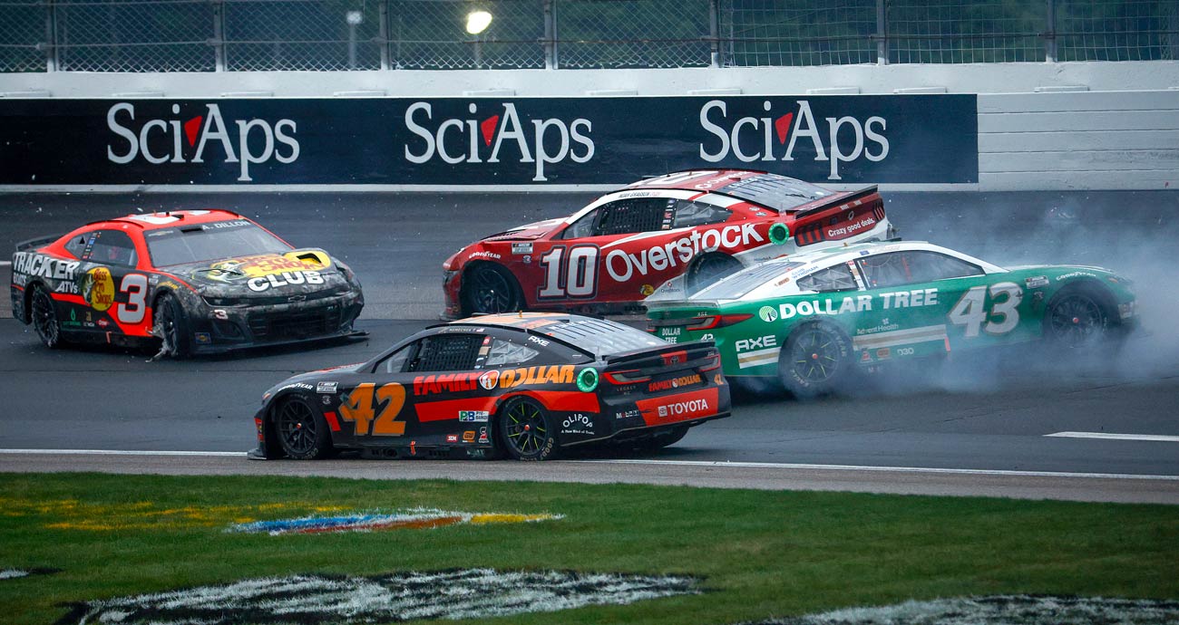 John Hunter Nemechek, in the No. 42 Toyota, dodges through a wreck at New Hampshire Motor Speedway.