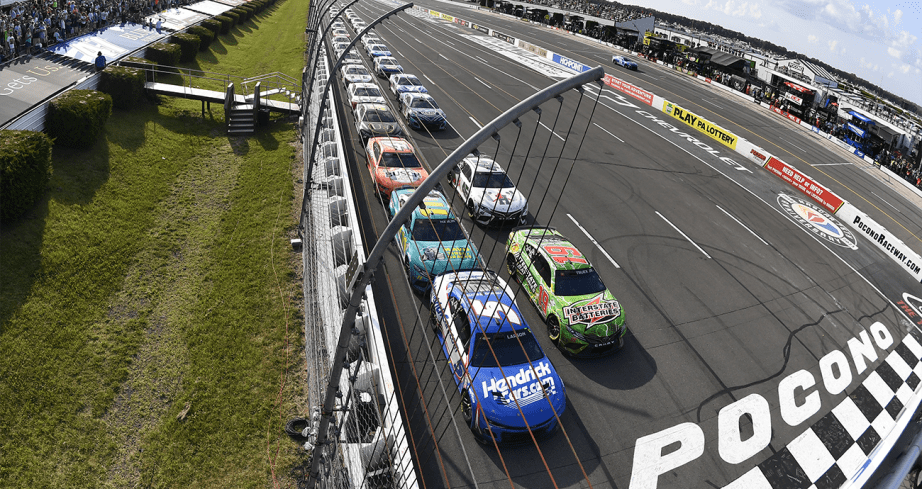 General view of Cup cars lined up for the race start at Pocono Raceway.