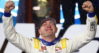 Craftsman Truck Series driver Christian Eckes celebrates his victory at Martinsville in 2024.