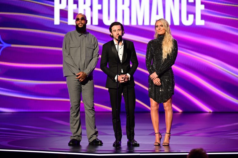 Ryan Blaney presnts and award at the ESPYs with Lindsey Vonn and Keenan Allen.