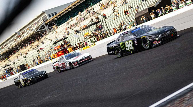 Featured Image for Cole Custer, Aric Almirola all smiles after dazzling finish, brush with Indy Xfinity win