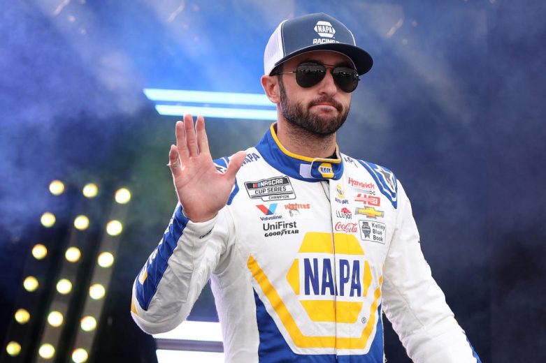 Chase Elliott waves to the crowd before a NASCAR Cup Series race.