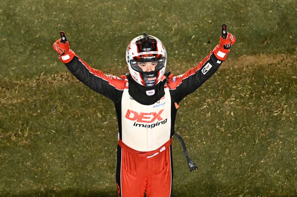 Harrison Burton celebrates after winning at Daytona.