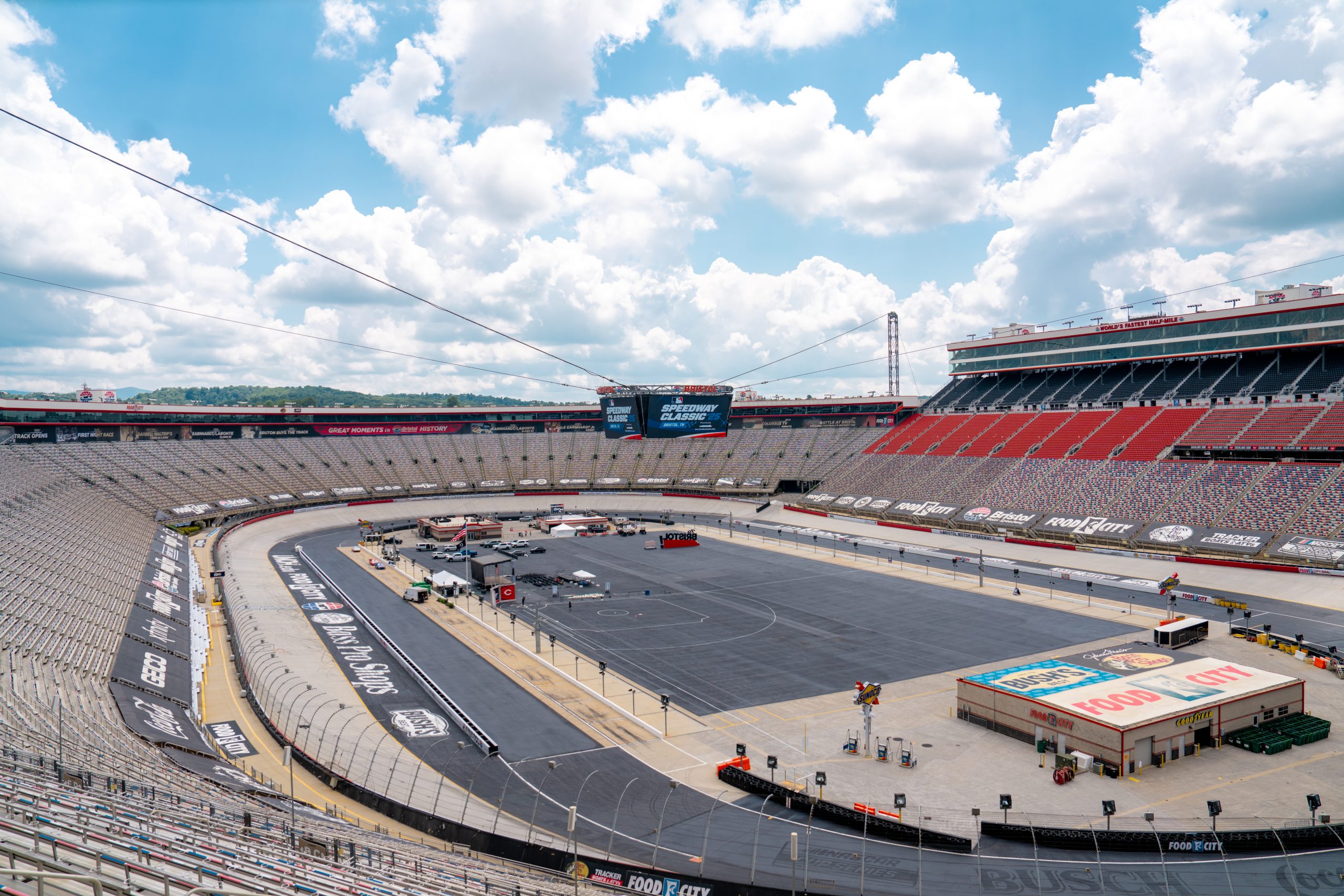 General view of Bristol Motor Speedway's layout for MLB baseball game.