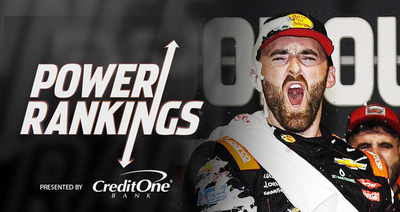 Austin Dillon celebrates in Victory Lane with a Power Rankings graphic overlayed.