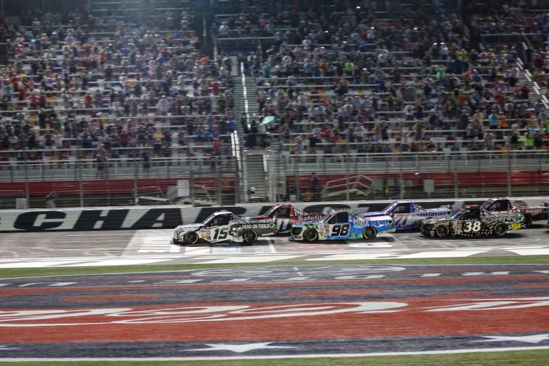 A general view of NASCAR Craftsman Truck Series racing at Charlotte Motor Speedway.