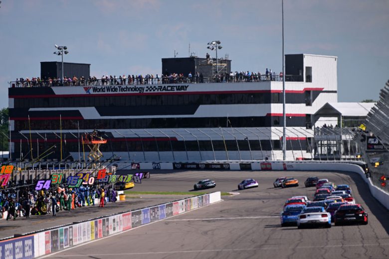 A general view of NASCAR Cup Series racing at World Wide Technology Raceway at Gateway.