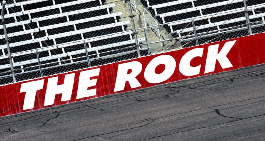 General view of the signage The Rock on the walls at Rockingham Speedway.