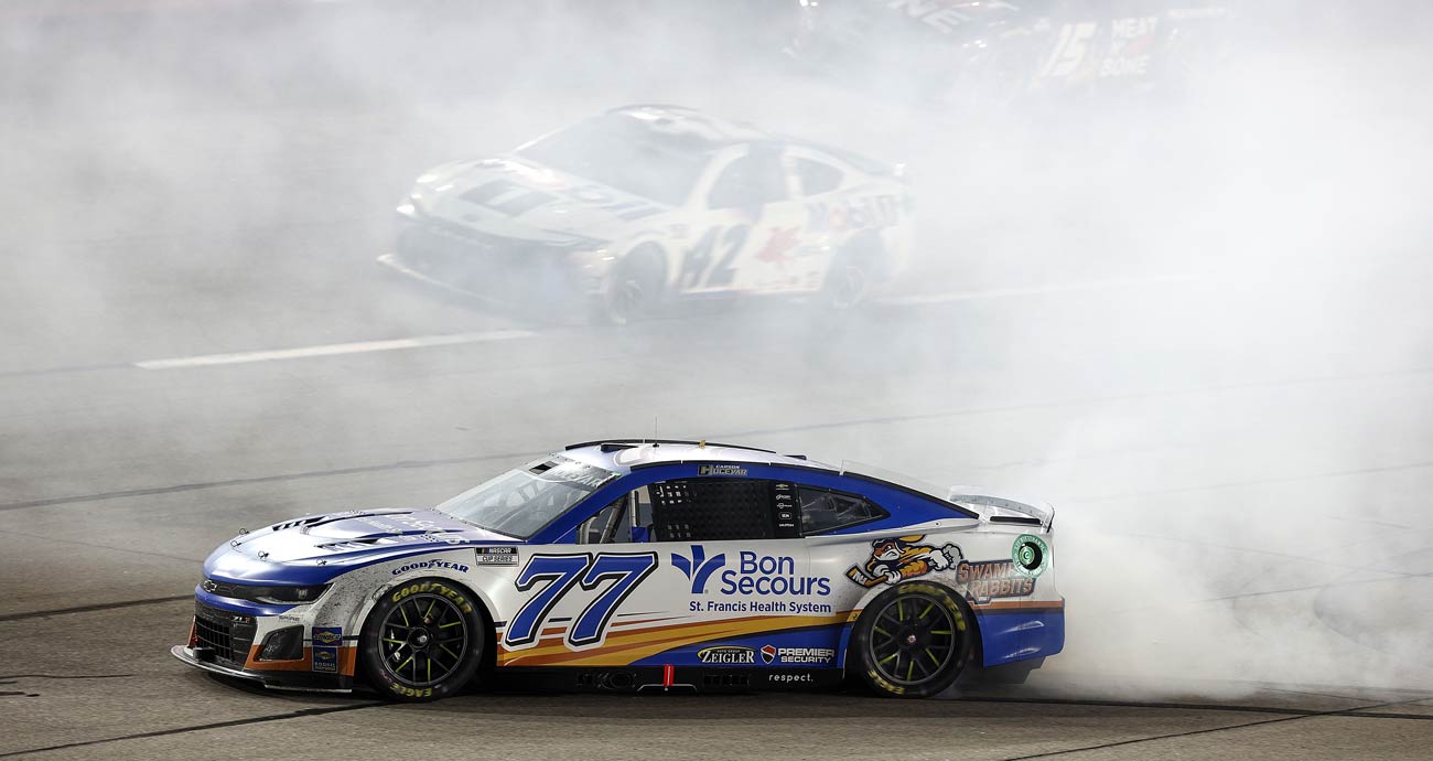 Carson Hocevar's No. 77 Spire Motorsports Chevrolet spins out late at Darlington Raceway.